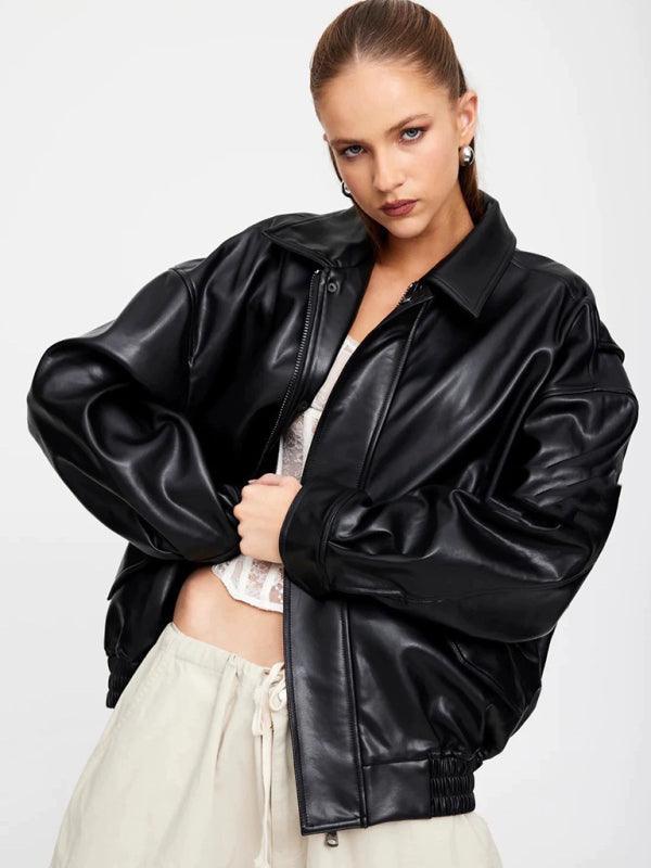 retro loose silhouette lapel flight jacket leather jacket - 808Lush