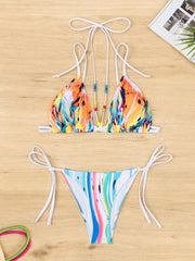 Bikini Drawstring Beaded Lace Printed Split Triangle Swimsuit - 808Lush