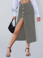 Button Irregular Slit Denim High Waist Skirt - 808Lush