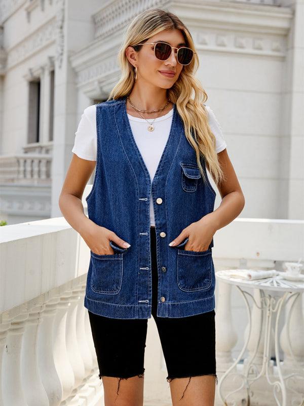 Denim Vest Multi-Pocket Personality Washable Vest for Women - 808Lush