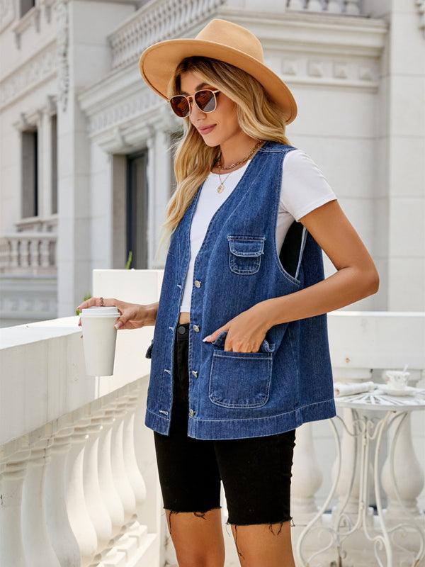 Denim Vest Multi-Pocket Personality Washable Vest for Women - 808Lush