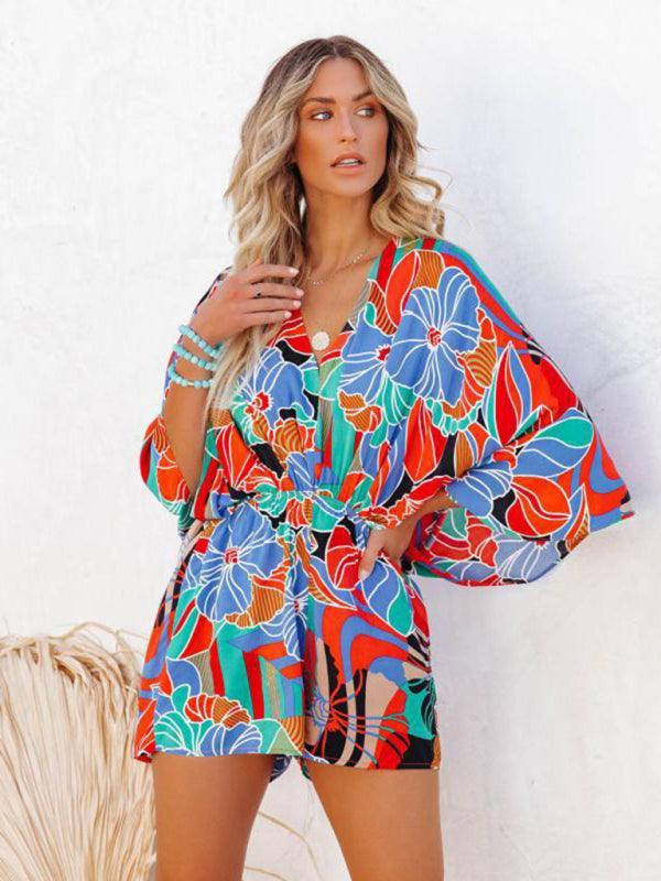 Elegant Casual Fashion Printed Waist Short Sleeve Jumpsuit - 808Lush