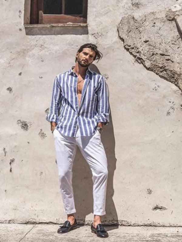 European and American men's casual comfortable lapel striped beach print long-sleeved shirt - 808Lush