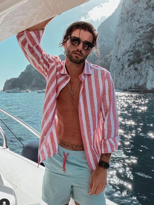 European and American men's casual comfortable lapel striped beach print long-sleeved shirt - 808Lush