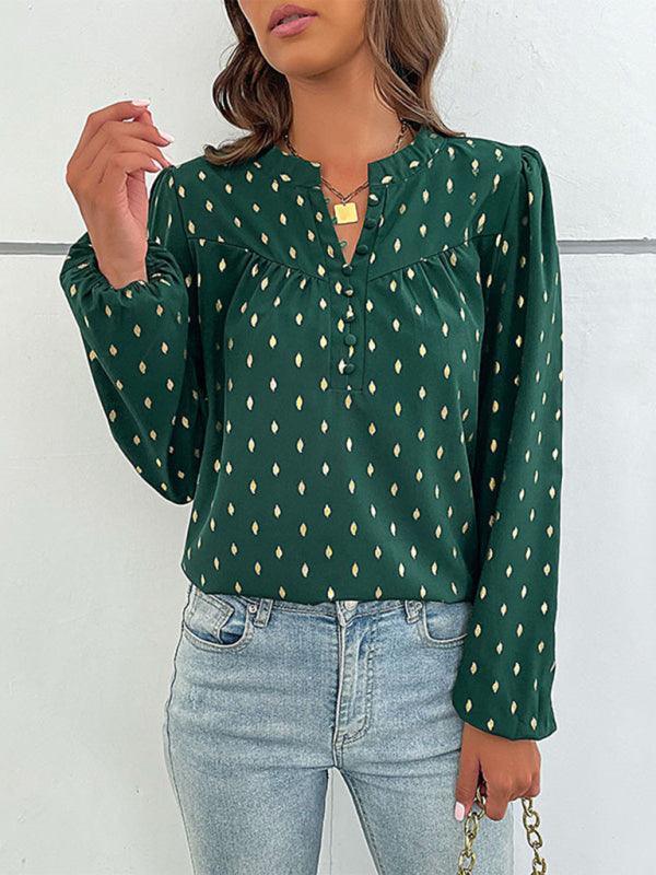 Fashion Long Sleeve V Open Collar Bronzing Shirt - 808Lush