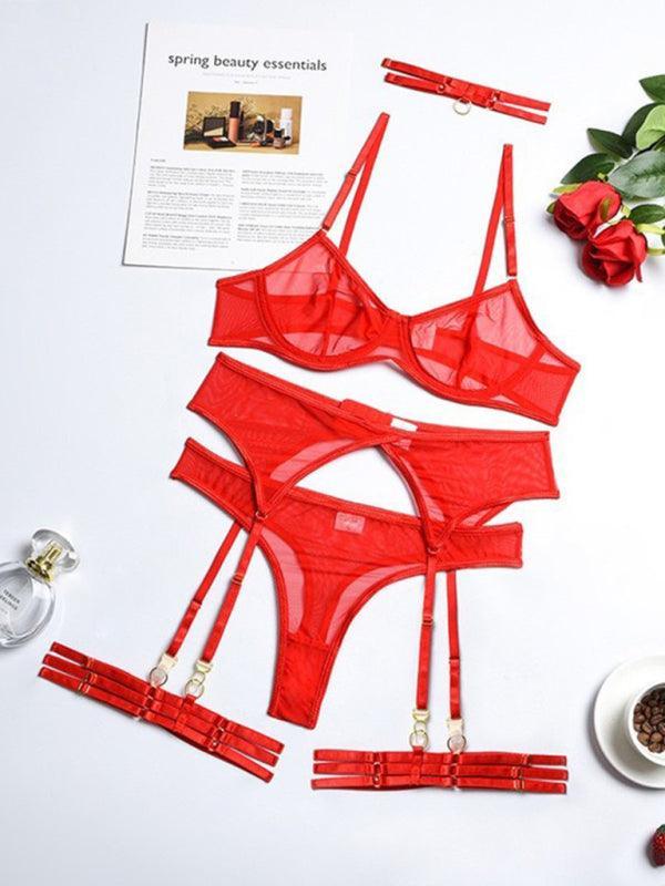 Fashion Sexy Underwear Mesh Comfortable Slimming Gathering Steel Ring Four-piece Set - 808Lush