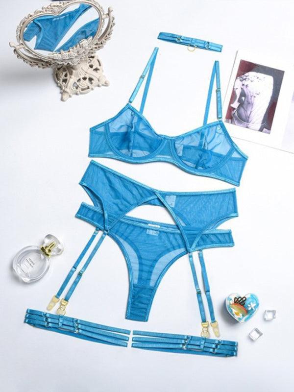 Fashion Sexy Underwear Mesh Comfortable Slimming Gathering Steel Ring Four-piece Set - 808Lush