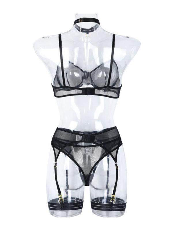 Fashion Sexy Underwear Mesh Comfortable Slimming Gathering Steel Ring Four-piece Set - 808Lush