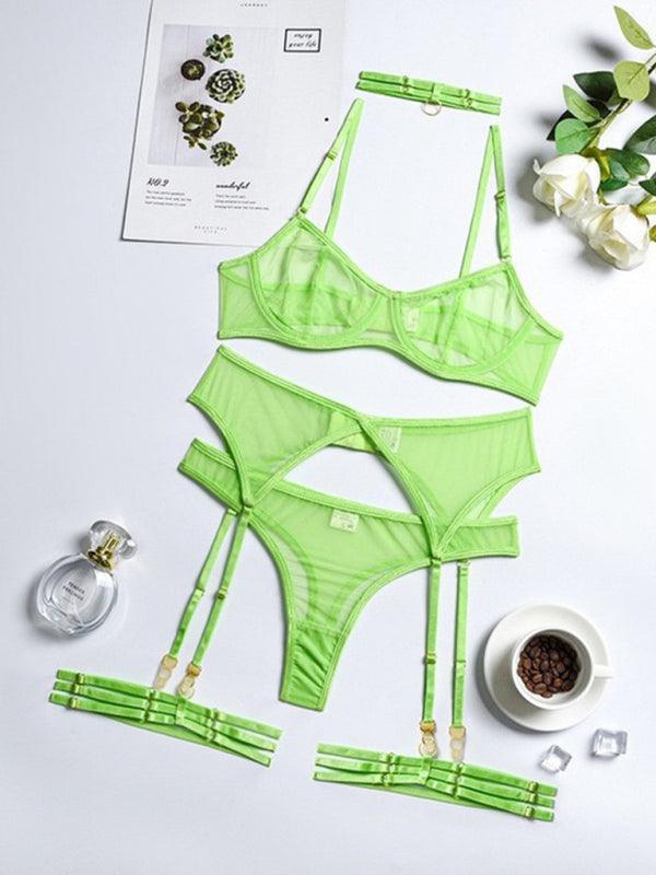 Fashion Sexy Underwear Mesh Comfortable Slimming Gathering Steel Ring Four-piece Set - 808Lush