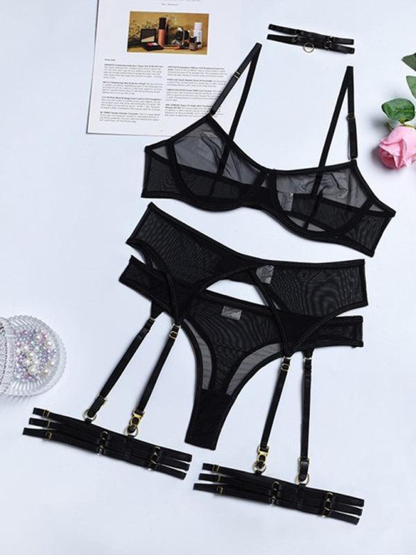 Fashion Sexy Underwear Mesh Comfortable Slimming Gathering Steel Ring Four-piece Set - 808Lush