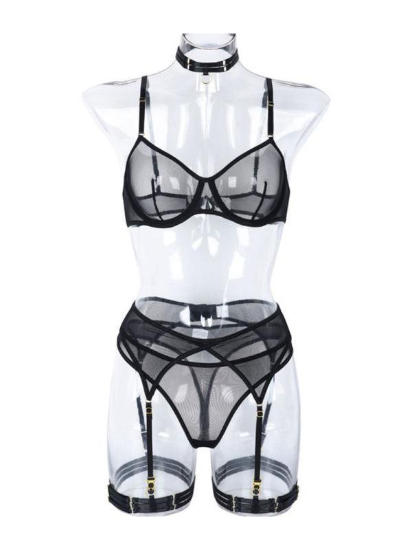 Fashion Sexy Underwear Mesh Comfortable Slimming Gathering Steel Ring Four-piece Set - 808Lush