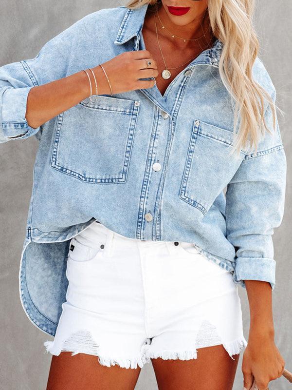 Double Pocket Loose Light Blue Denim Jacket - 808Lush