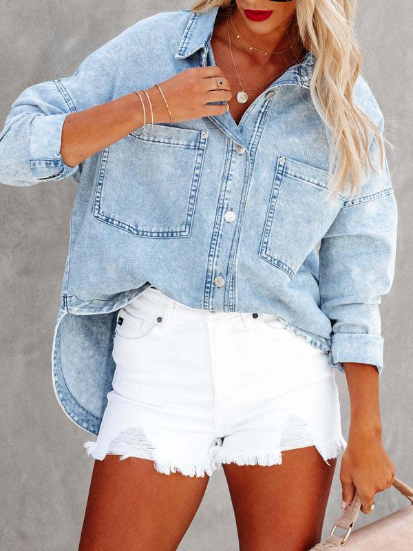 Double Pocket Loose Light Blue Denim Jacket - 808Lush