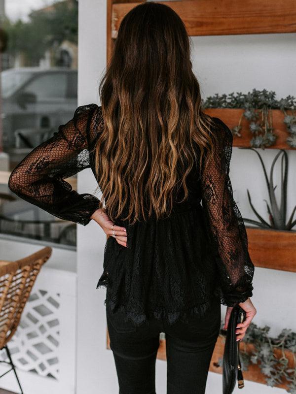 Lace Embroidery Stitching Lace Bow Tie Long Sleeve Top - 808Lush