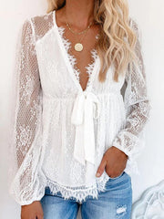 Lace Embroidery Stitching Lace Bow Tie Long Sleeve Top - 808Lush