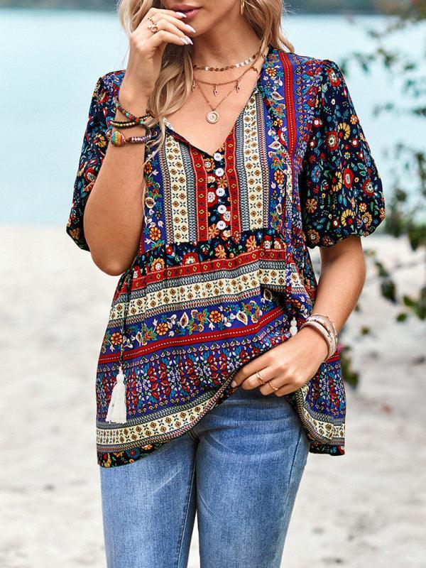 Ladies Casual Bohemian Printed Shirt Top - 808Lush