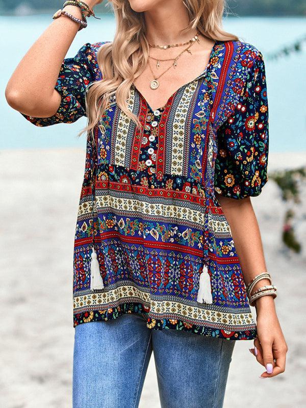 Ladies Casual Bohemian Printed Shirt Top - 808Lush