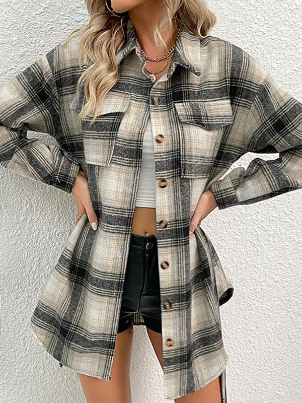 Ladies Casual Long Plaid Jacket - 808Lush