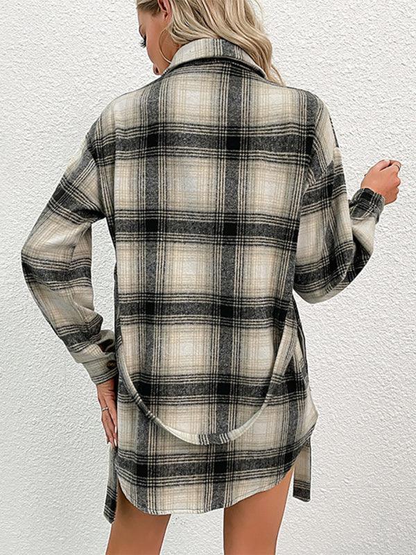 Ladies Casual Long Plaid Jacket - 808Lush