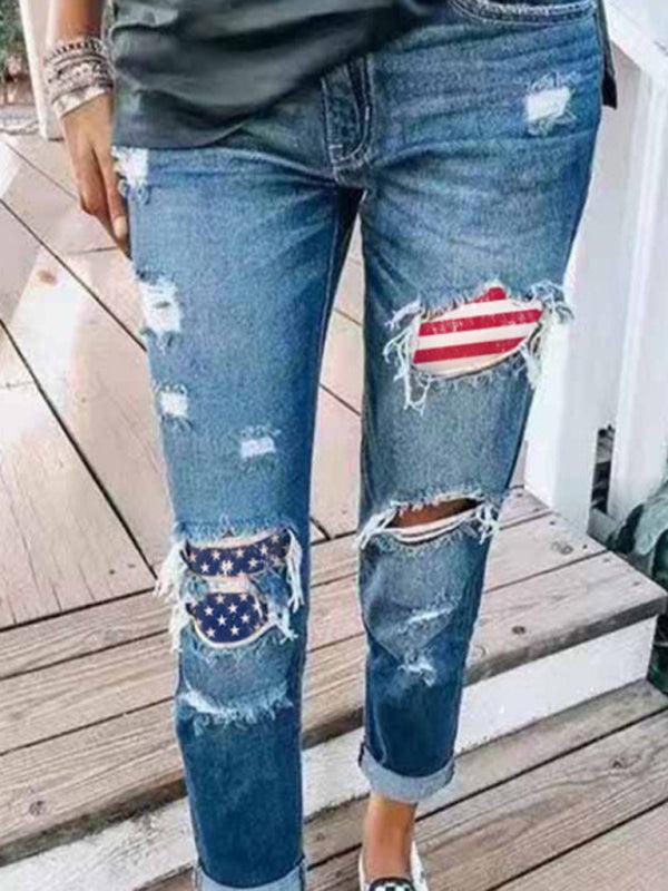 Ladies Jeans Ripped American Flag Print Trousers - 808Lush