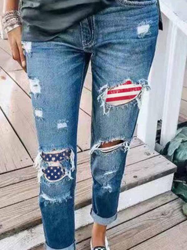 Ladies Jeans Ripped American Flag Print Trousers - 808Lush