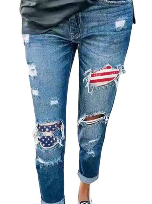 Ladies Jeans Ripped American Flag Print Trousers - 808Lush