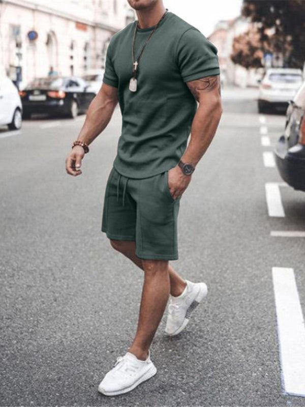 Men's Casual Solid Color Short Sleeve Shorts Two-Piece Set - 808Lush