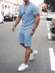 Men's Casual Solid Color Short Sleeve Shorts Two-Piece Set - 808Lush