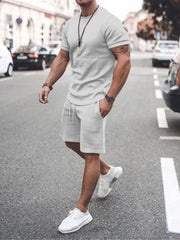 Men's Casual Solid Color Short Sleeve Shorts Two-Piece Set - 808Lush