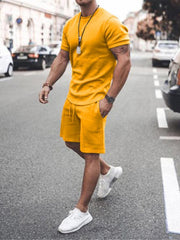 Men's Casual Solid Color Short Sleeve Shorts Two-Piece Set - 808Lush