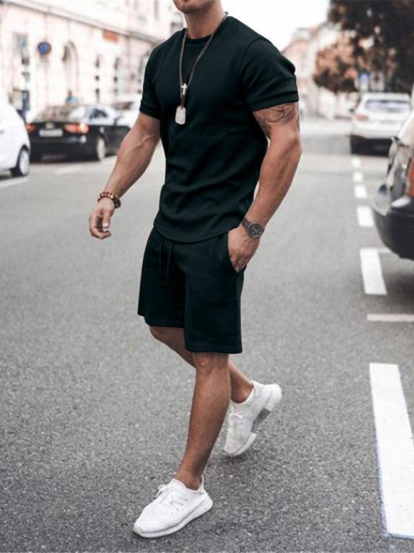 Men's Casual Solid Color Short Sleeve Shorts Two-Piece Set - 808Lush