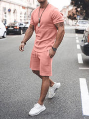 Men's Casual Solid Color Short Sleeve Shorts Two-Piece Set - 808Lush