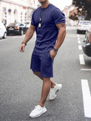 Men's Casual Solid Color Short Sleeve Shorts Two-Piece Set - 808Lush