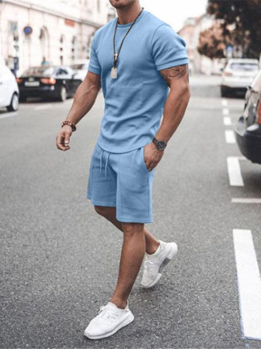 Men's Casual Solid Color Short Sleeve Shorts Two-Piece Set - 808Lush