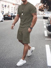 Men's Casual Solid Color Short Sleeve Shorts Two-Piece Set - 808Lush