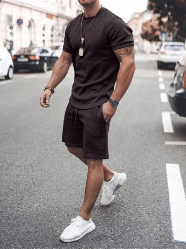 Men's Casual Solid Color Short Sleeve Shorts Two-Piece Set - 808Lush