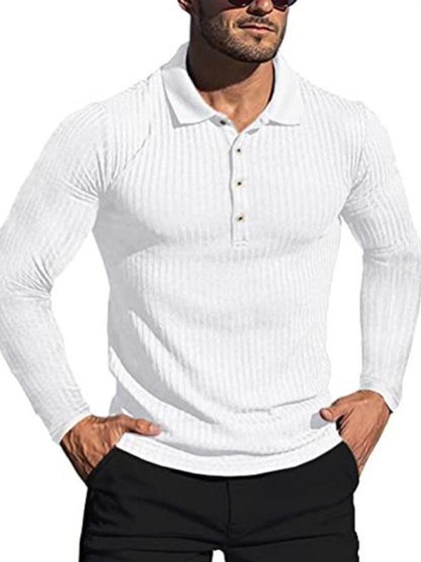 Men's High Elastic Vertical Strip Long Sleeve Polo Shirt - 808Lush