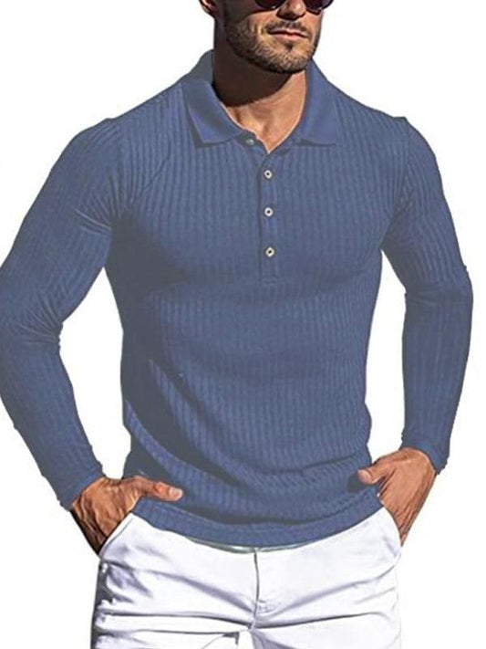 Men's High Elastic Vertical Strip Long Sleeve Polo Shirt - 808Lush