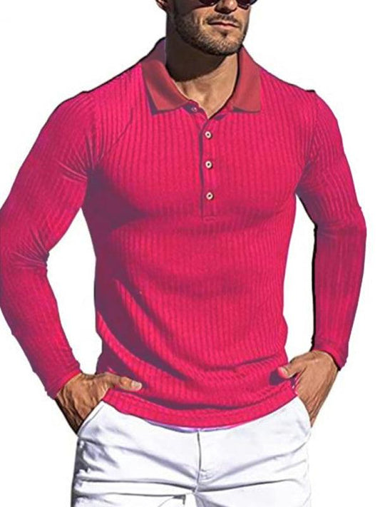 Men's High Elastic Vertical Strip Long Sleeve Polo Shirt - 808Lush