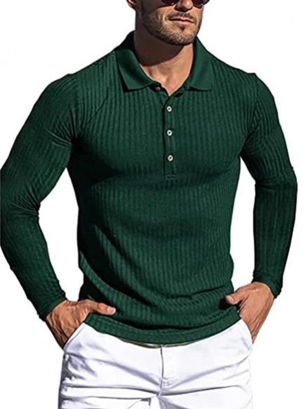 Men's High Elastic Vertical Strip Long Sleeve Polo Shirt - 808Lush