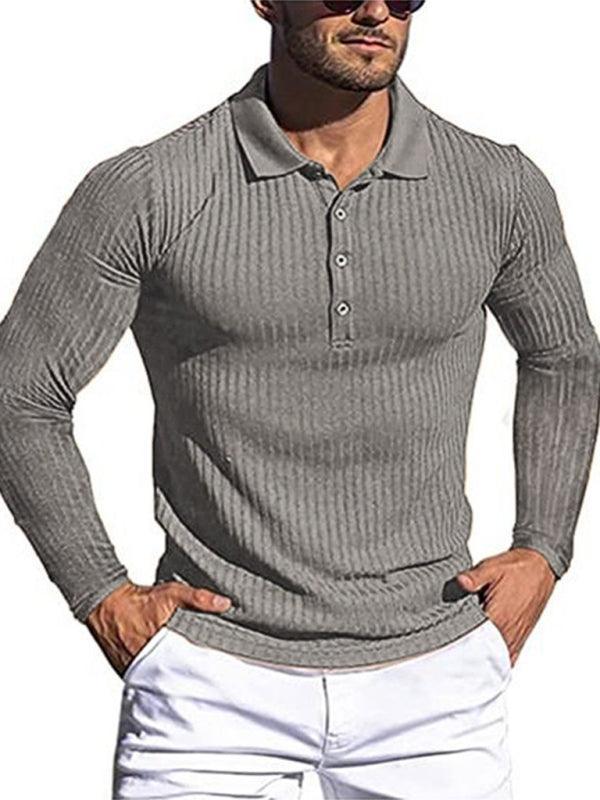 Men's High Elastic Vertical Strip Long Sleeve Polo Shirt - 808Lush