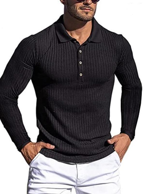 Men's High Elastic Vertical Strip Long Sleeve Polo Shirt - 808Lush