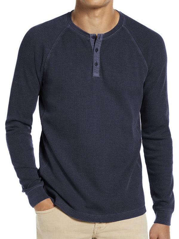 Men's Round Neck Waffle Henley Shirt - 808Lush