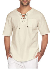 Men's Short Sleeve T-Shirt Cotton Linen Tie Collar - 808Lush