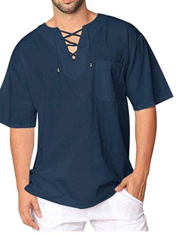 Men's Short Sleeve T-Shirt Cotton Linen Tie Collar - 808Lush