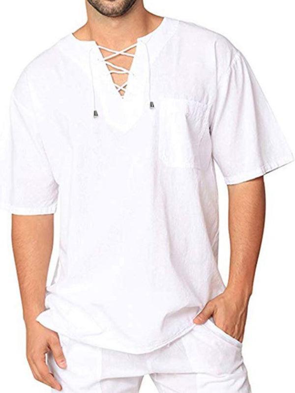 Men's Short Sleeve T-Shirt Cotton Linen Tie Collar - 808Lush