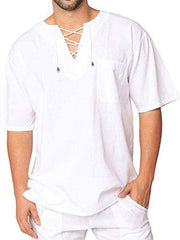 Men's Short Sleeve T-Shirt Cotton Linen Tie Collar - 808Lush