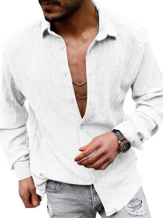 Men's Solid Color Casual Lapel Long Sleeve Shirt - 808Lush