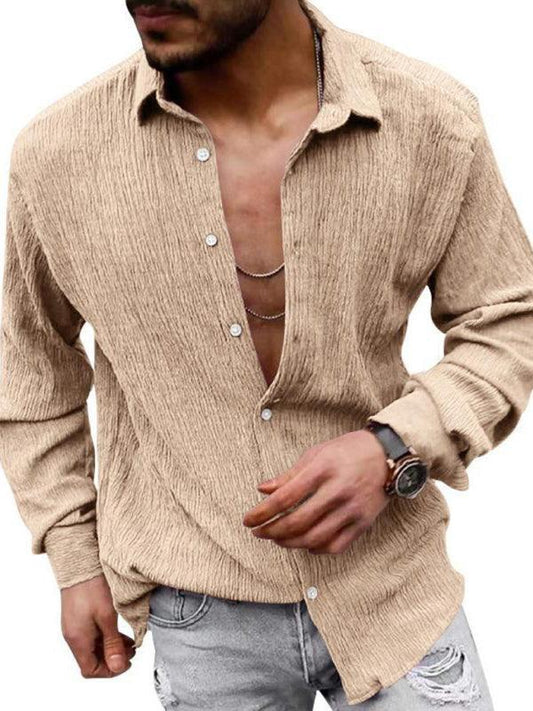 Men's Solid Color Casual Lapel Long Sleeve Shirt - 808Lush