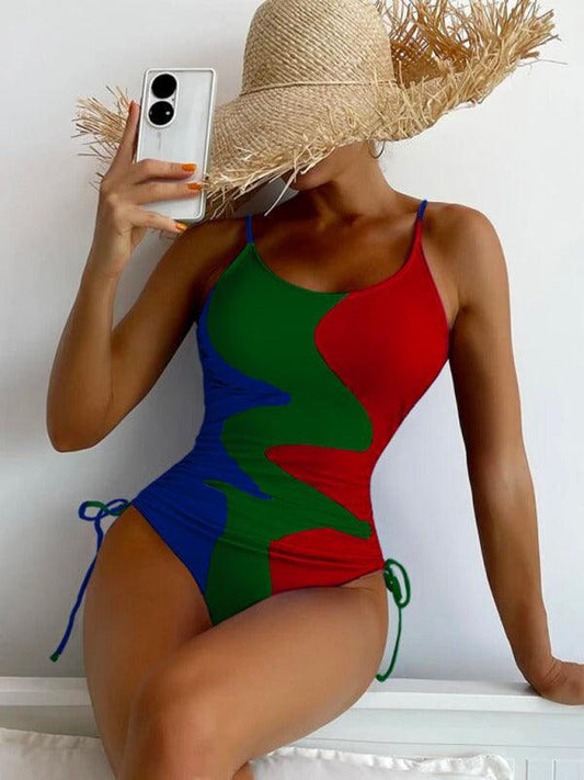 One-Piece Swimsuit Multicolor Stitching Drawstring Swimsuit - 808Lush